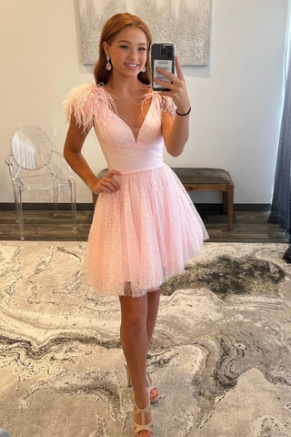 Pink A-line Tulle Deep V Neck Homecoming Dress with Feathers Y2427