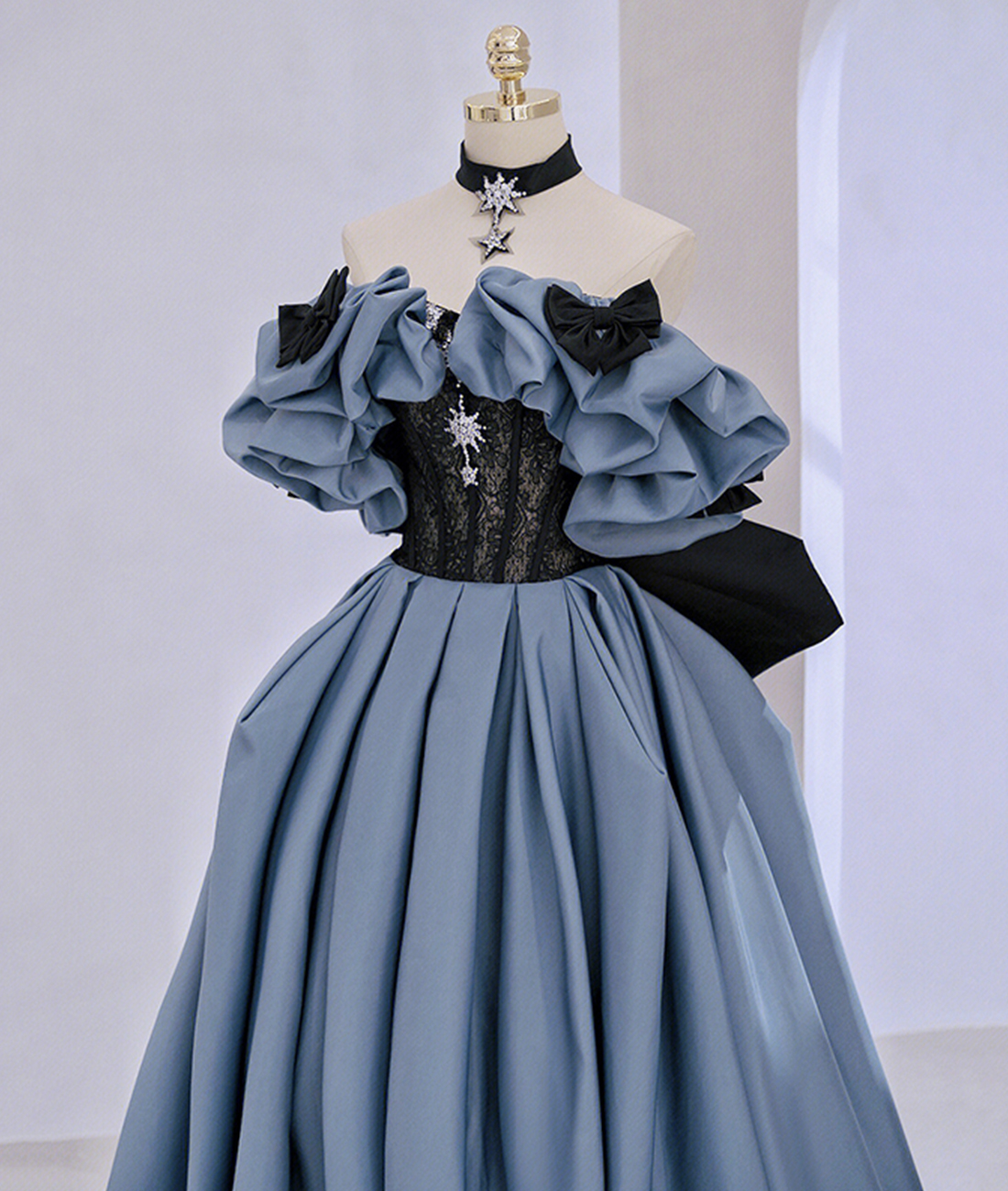 Vestido largo de fiesta de satén y encaje con hombros descubiertos, vestido de noche azul Y2619