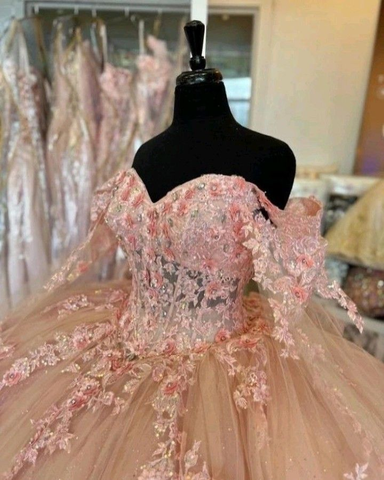 Vestido rosa de quinceañera con hombros descubiertos, flores, apliques de encaje, cuentas, estilo princesa, vestido de fiesta, dulce 16, baile Y2936