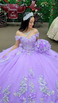 Vestido de gala lila con hombros descubiertos y brillo, ideal para quinceañeras (modelo Y4293)