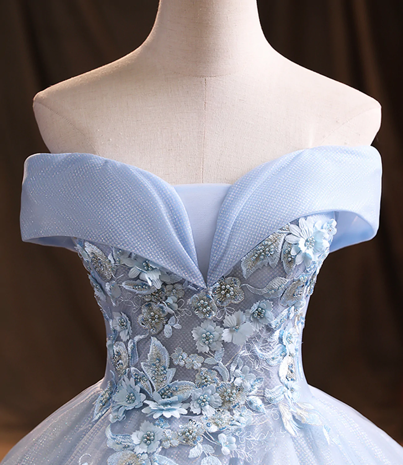 Robe de bal longue en tulle bleu et dentelle Y1293