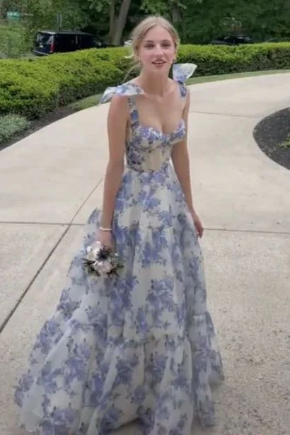 Vestido largo de fiesta azul con estampado floral corte en A, vestido de noche azul Y2560