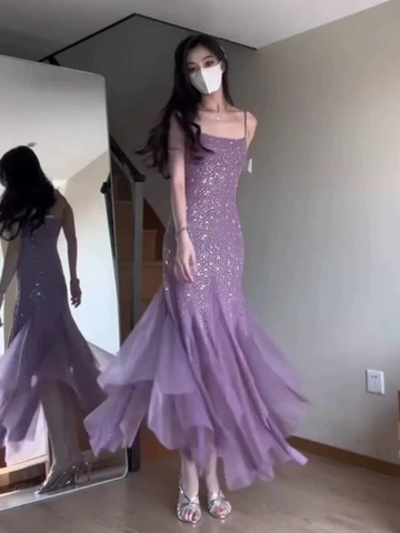 Vestido de noche de sirena sexy con tirantes finos, de gasa morada con cuentas, estilo Y7812