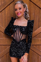 Vestido de fiesta de bienvenida con lentejuelas blancas iridiscentes, manga larga y escote cuadrado Y2677