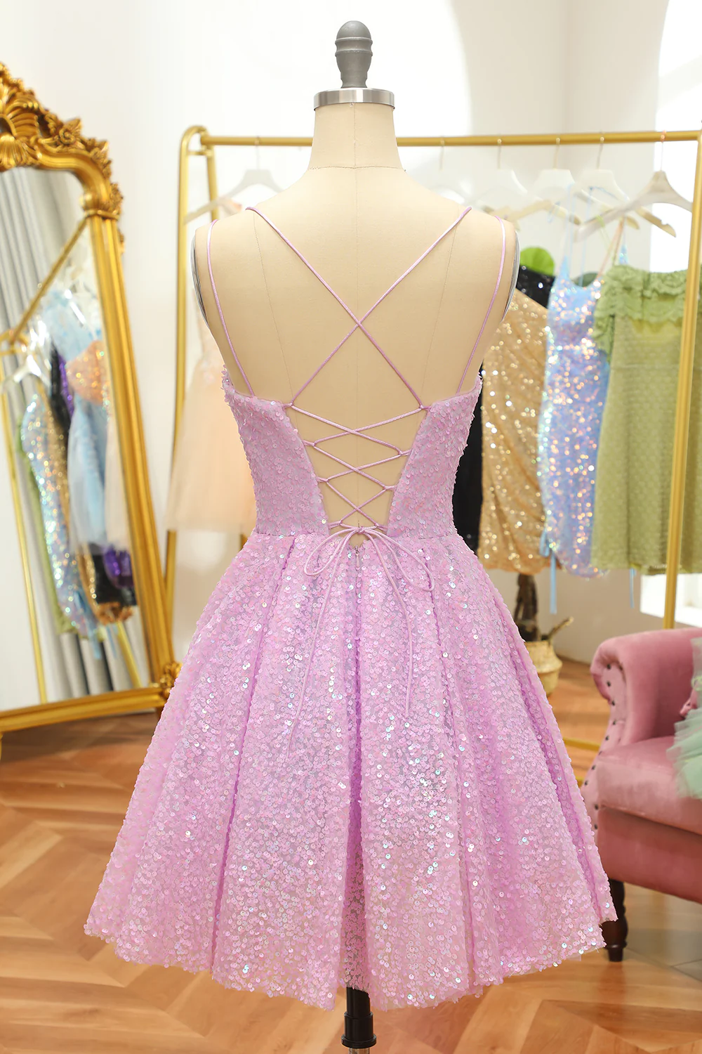 Vestido de fiesta de bienvenida con lentejuelas lilas, corte en A y cordones Y2994
