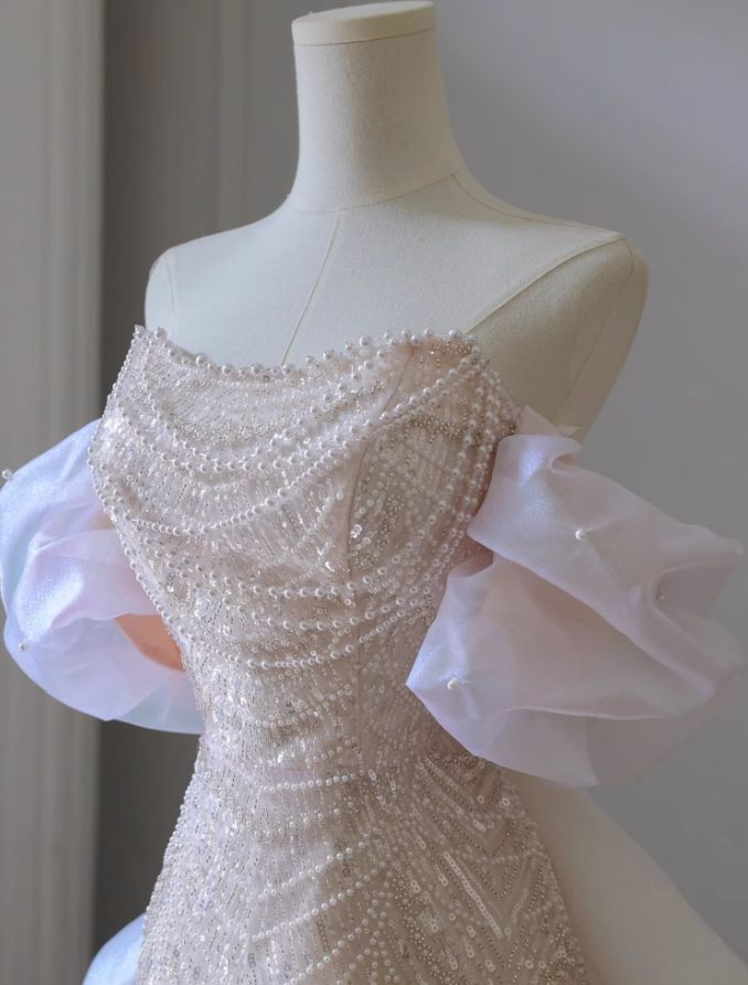 Robe de bal longue rose en tulle à sequins et perles, coupe trapèze, épaules dénudées, modèle Y8050