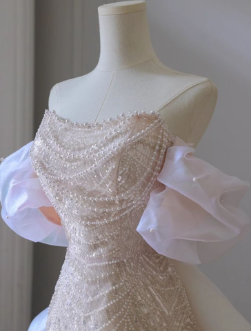 Vestido largo de fiesta rosa de corte A con hombros descubiertos, tul, lentejuelas y cuentas, modelo Y8050