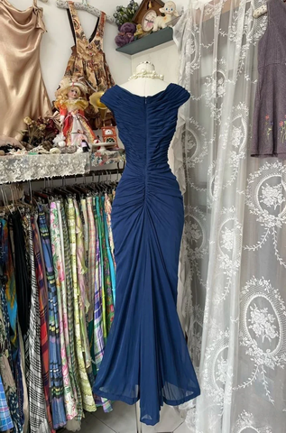 Vestido de noche vintage azul marino de gasa fruncida estilo sirena para fiesta o baile de graduación Y8076