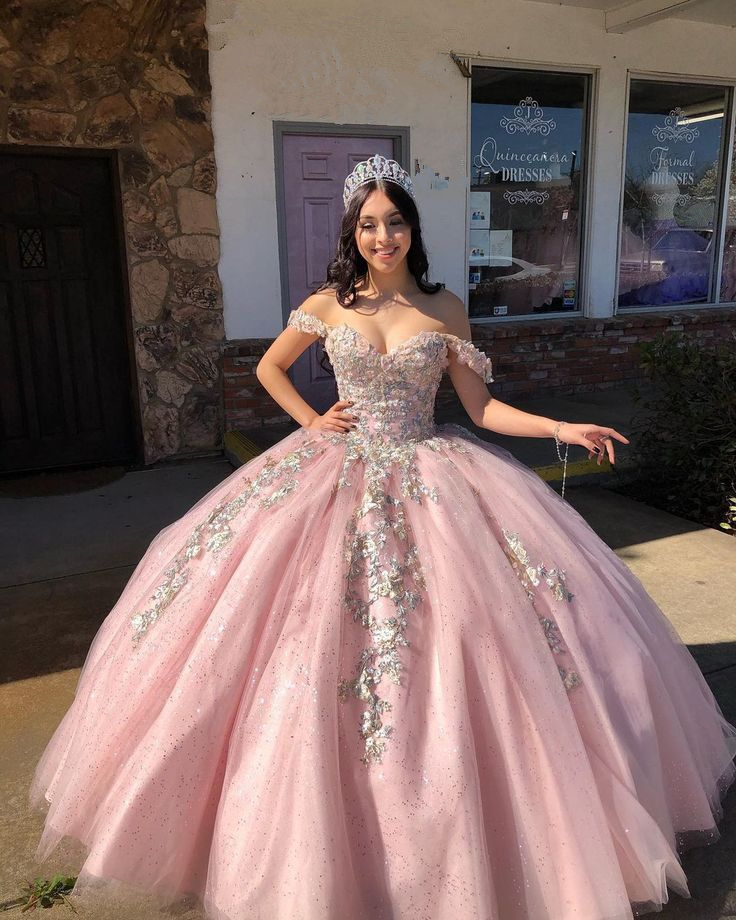 Vestido de gala rosa con hombros descubiertos, vestido de princesa rosa, vestido rosa para quinceañera Y2343