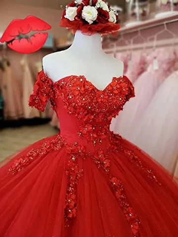Robe de bal rouge en tulle et dentelle, coupe trapèze, idéale pour les 16 ans (Y1221)