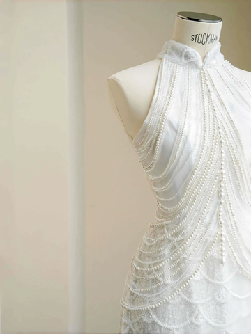 Classy White  Sequins Pearls Chain Sheath Long Prom Dress Evening Dress Y8670