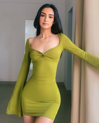 Vestido de fiesta de otoño para mujer, estilo sirena, manga acampanada, cuello cuadrado, sexy, escote pronunciado, ajustado al cuerpo Y2967