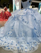 Magnifique robe de bal bleue à épaules dénudées en tulle avec appliques, idéale pour un anniversaire ou une quinceañera (Y7835)
