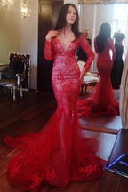 Beaded V-neck Mermaid Long Sleeves Prom Dress with Appliques