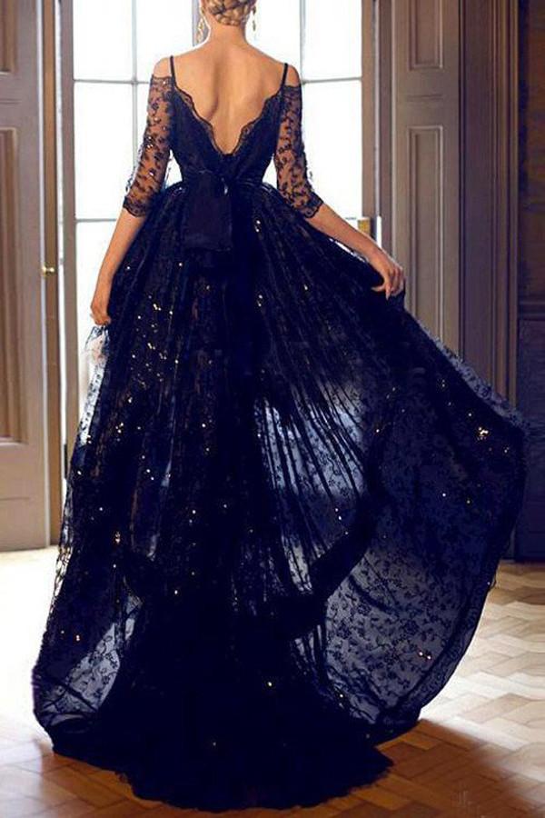 Lace Half Sleeves High low Prom Dresses Evening Dress With Straps,