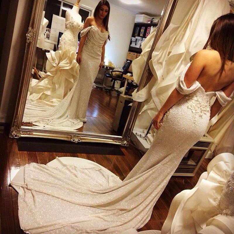 Glittering  Satin Off Shoulder Court Train Mermaid Prom Dresses