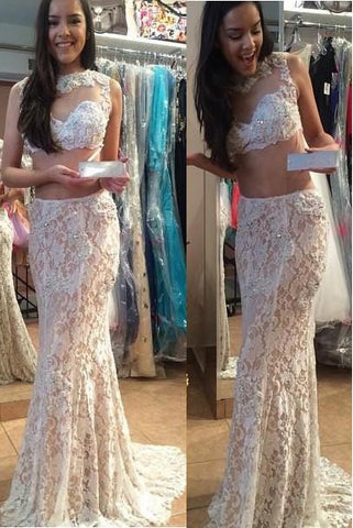 Two Piece Backless Lace Mermaid Long Prom Dress With Beading Evening