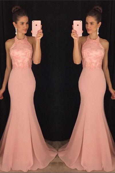 Charming Chiffon Mermaid Halter Long Party Dress, Prom Dresses