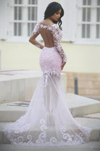 Pink Lace See Through Mermaid Long Sleeve Prom Dress, Cheap Evening Dresses, MP324