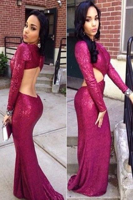 Purple Backless Sequin Mermaid Long Sleeve Prom Dresses, Evening Dress,