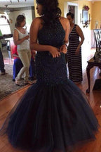 Vestido largo de fiesta, vestido largo de sirena con cuello halter y cuentas,