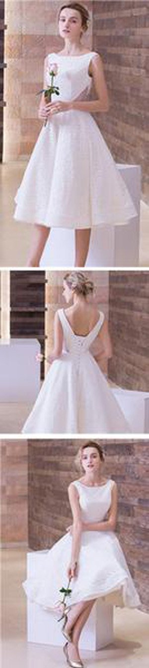 Robe de bal blanche simple en dentelle courte sans manches à col rond, robe de cérémonie de mariage 