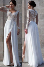 Elegant Long Sleeve Lace White Tulle Wedding Dresses, Bridal Dress