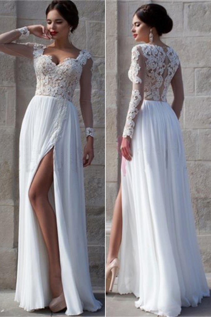 Elegant Long Sleeve Lace White Tulle Wedding Dresses, Bridal Dress