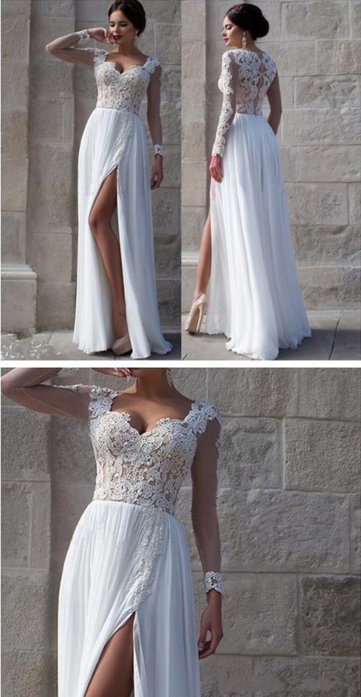 Elegant Long Sleeve Lace White Tulle Wedding Dresses, Bridal Dress