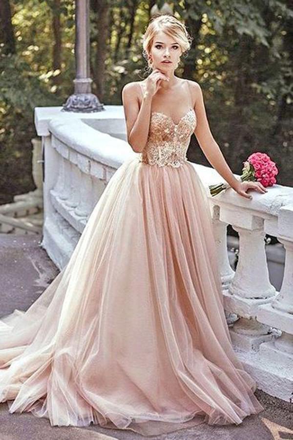 Gold Sequin Tulle A line Off Shoulder Long Prom Dresses, Cheap Formal Dresses