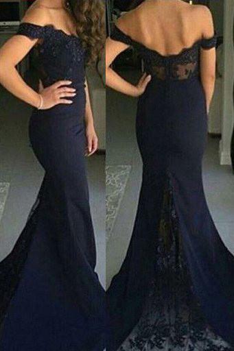 Vestidos de fiesta de sirena azul marino con hombros descubiertos, vestidos de dama de honor, vestidos de cóctel 