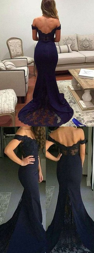 Vestidos de fiesta de sirena azul marino con hombros descubiertos, vestidos de dama de honor, vestidos de cóctel 