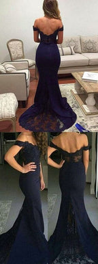 Vestidos de fiesta de sirena azul marino con hombros descubiertos, vestidos de dama de honor, vestidos de cóctel 
