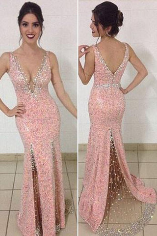 V-neck Mermaid Beaded Split Prom Dress, Evening Dress