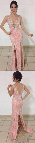 V-neck Mermaid Beaded Split Prom Dress, Evening Dress