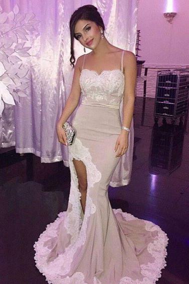 Lace Spaghetti Straps Mermaid Prom Dresses with Side Slit, Party Dresses
