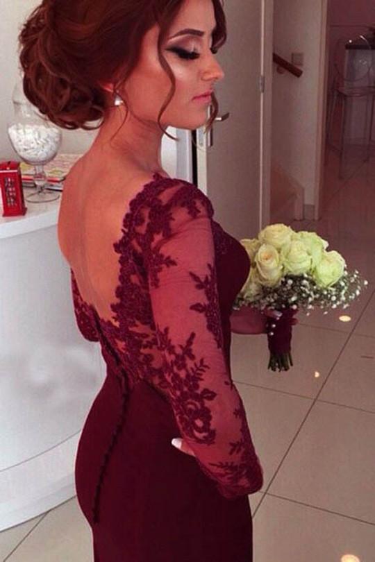 Burgundy Sweetheart Long Sleeve A-Line Prom Dress With Lace Appliques