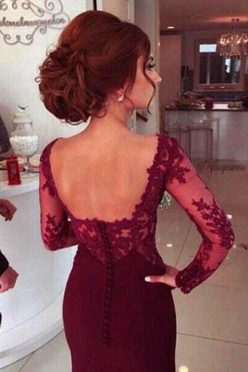 Burgundy Sweetheart Long Sleeve A-Line Prom Dress With Lace Appliques