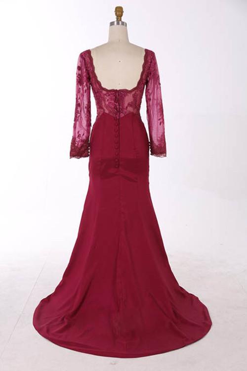 Burgundy Sweetheart Long Sleeve A-Line Prom Dress With Lace Appliques