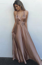 Simple V-Neck Blush Criss-Cross Straps Prom Dresses With Pleats
