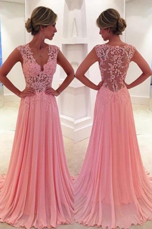 Robe de bal longue trapèze à col en V, robe de soirée en dentelle avec traîne balayée 