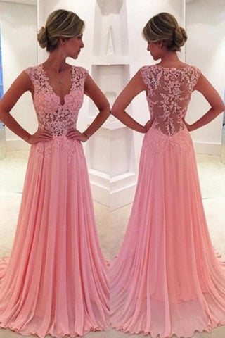 A-line V-Neck Long Prom Dresses Lace Evening Dress with Sweep Trai