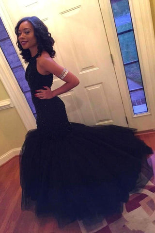 Robe de bal longue sirène sans manches en tulle bleu marine, dos nu, ornée de perles 