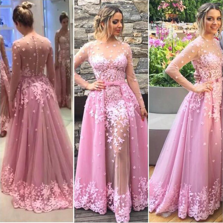 Lavender Floral Long Sleeves Prom Dress, Party Dresses With Appliques