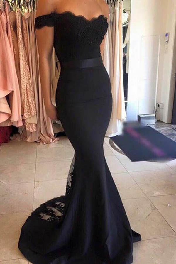 Vestidos largos de fiesta de sirena satinados con hombros descubiertos, vestidos de fiesta con encaje