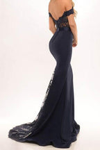 Vestidos largos de fiesta de sirena satinados con hombros descubiertos, vestidos de fiesta con encaje