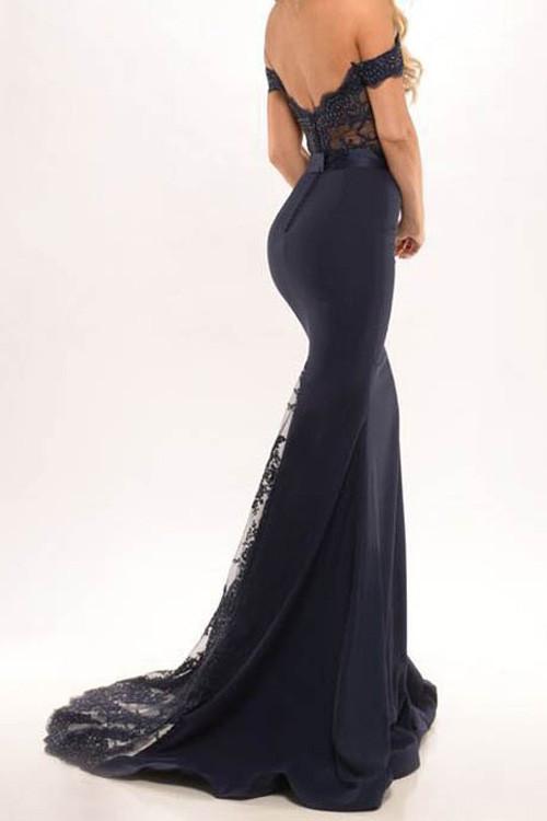 Vestidos largos de fiesta de sirena satinados con hombros descubiertos, vestidos de fiesta con encaje