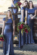 Robe de demoiselle d'honneur longue sirène à sequins bleu roi, manches courtes, col rond