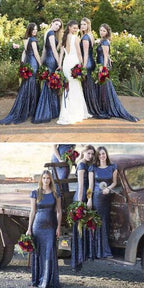 Robe de demoiselle d'honneur longue sirène à sequins bleu roi, manches courtes, col rond