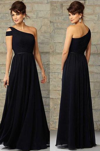 Robes de demoiselle d'honneur longues en mousseline bleu marine à une épaule